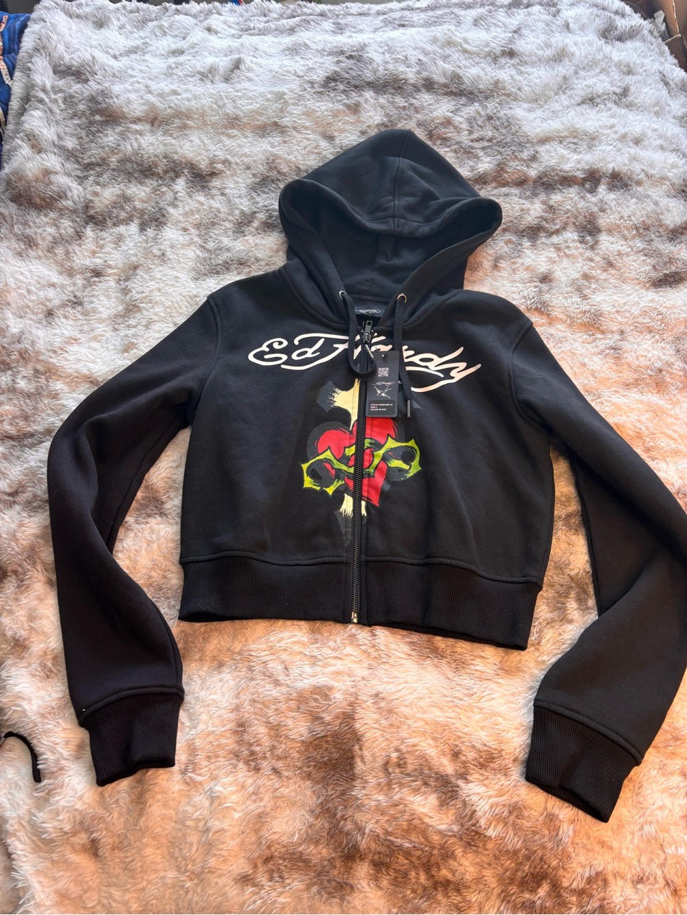 Ed Hardy Black Zip Hoodie with Red and Green Heart Graphic